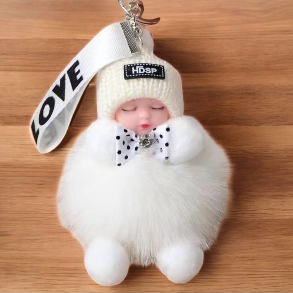 Sleeping Doll Fluffy Keychain with Bow